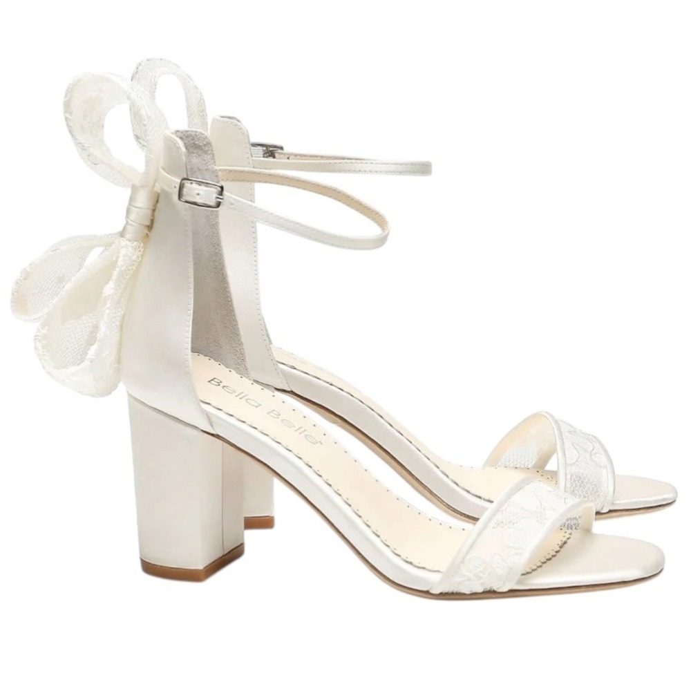 Bella Belle Ivory Laurie Lace Bridal Block Heels with Bow Wedding Sandals 9